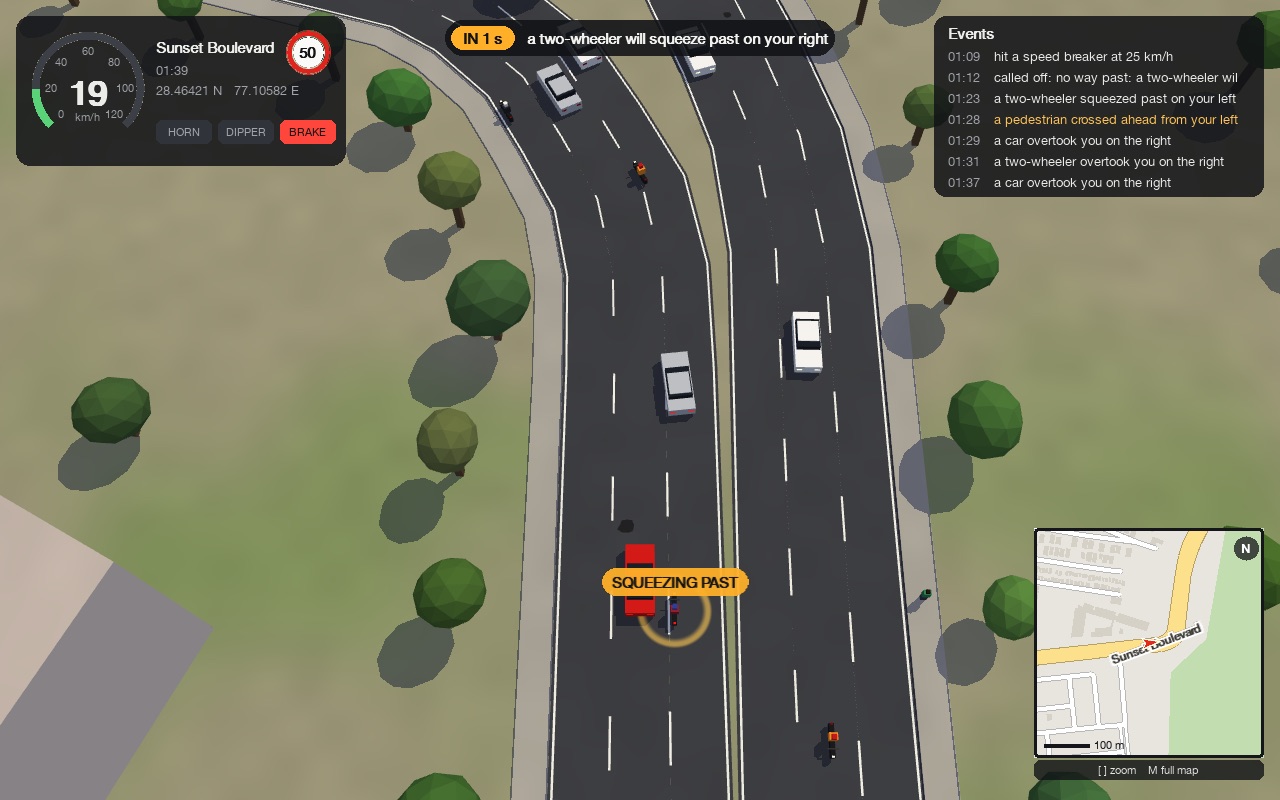 The simulator from above: our red car on Sunset Boulevard, Gurgaon, with a two-wheeler about to squeeze past on the right.